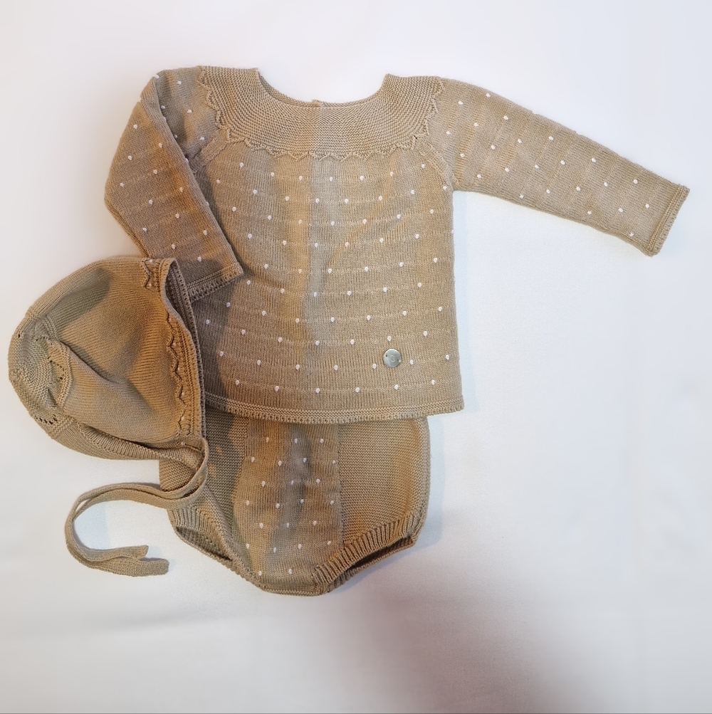 Cozy Tan Knit Sweater and Bonnet Set for Kids